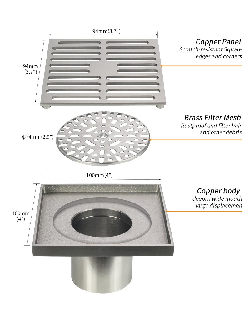 PHASAT Brass Floor Drain Contemporary 4 inches Square, with Removable Strainer,Brushed Nickel,80601N - Image 2